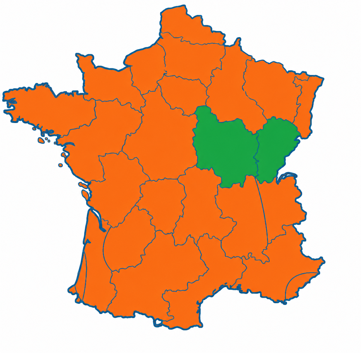 Carte de France : Dijon et la Bourgogne en vert comme zone prioritaire, autres zones en orange